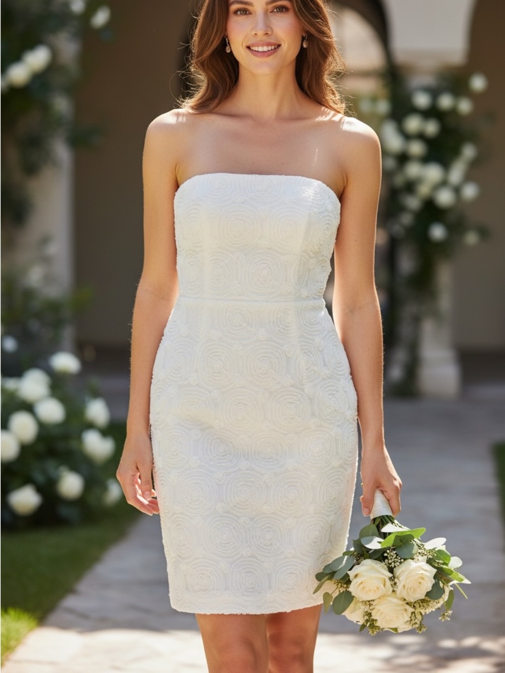 Calvin Klein Cotton Rosette White Strapless Textured Mini Dress Wedding Bridal